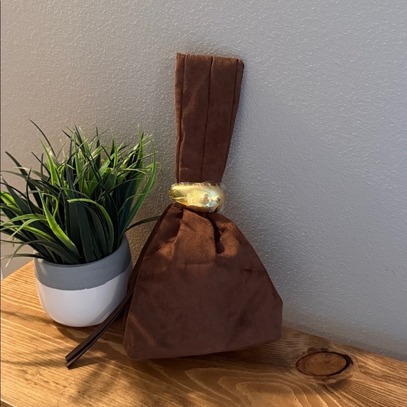 BILLINI LUCIA HANDLE BAG Knot Clutch Purse Vegan Suede Leather Brown; NWOT - Picture 5 of 8